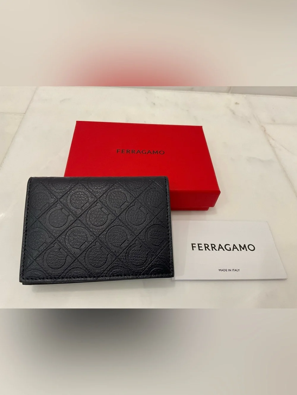 NEW Salvatore Ferragamo Gancini Embossed Gusseted Credit Card Wallet - NAVY BLUE